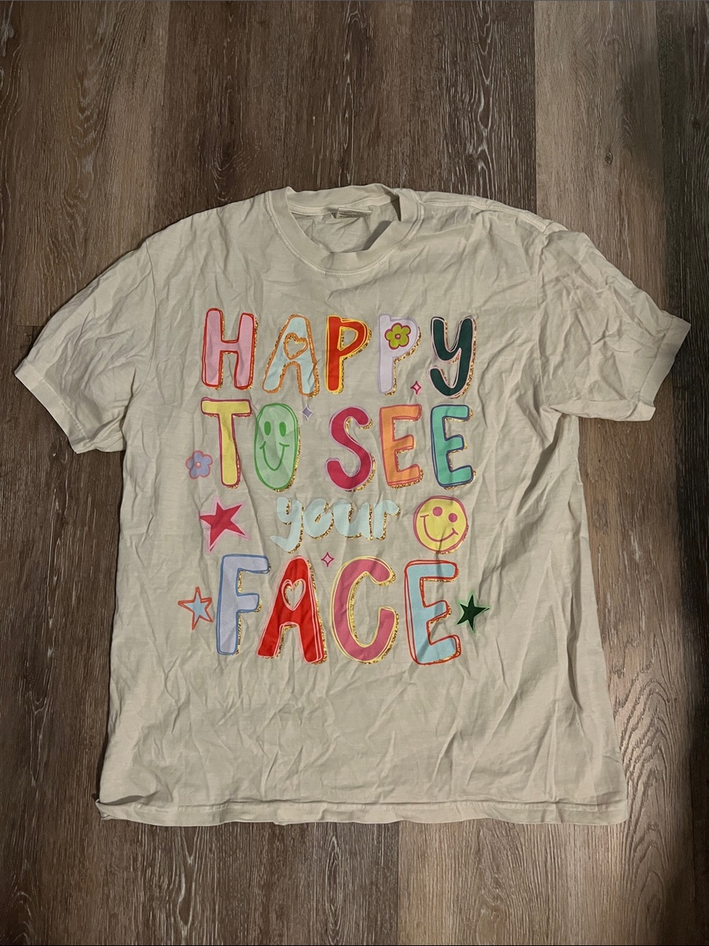 Comfort Colors Cream Graphic Tee with Multicolor Happy Print